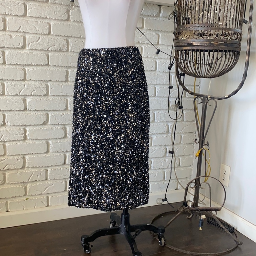GAP BLACK SEQUIN PENCIL PULL ON SKIRT DARK NIGHT ELASTIC WAISTBAND XL NEW